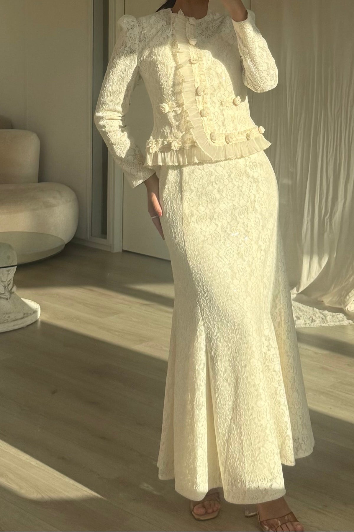 Lace Square Neck Mermaid Dress and Cropped Jacket Set