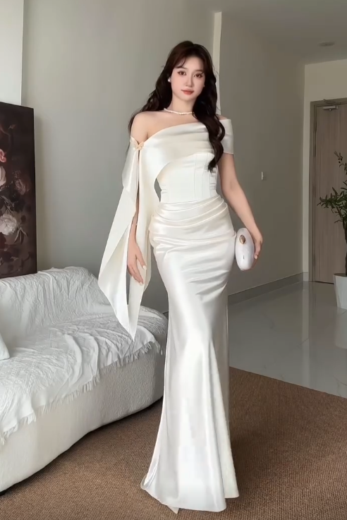 Strapless Ruched Satin Mermaid Gown with Scarf