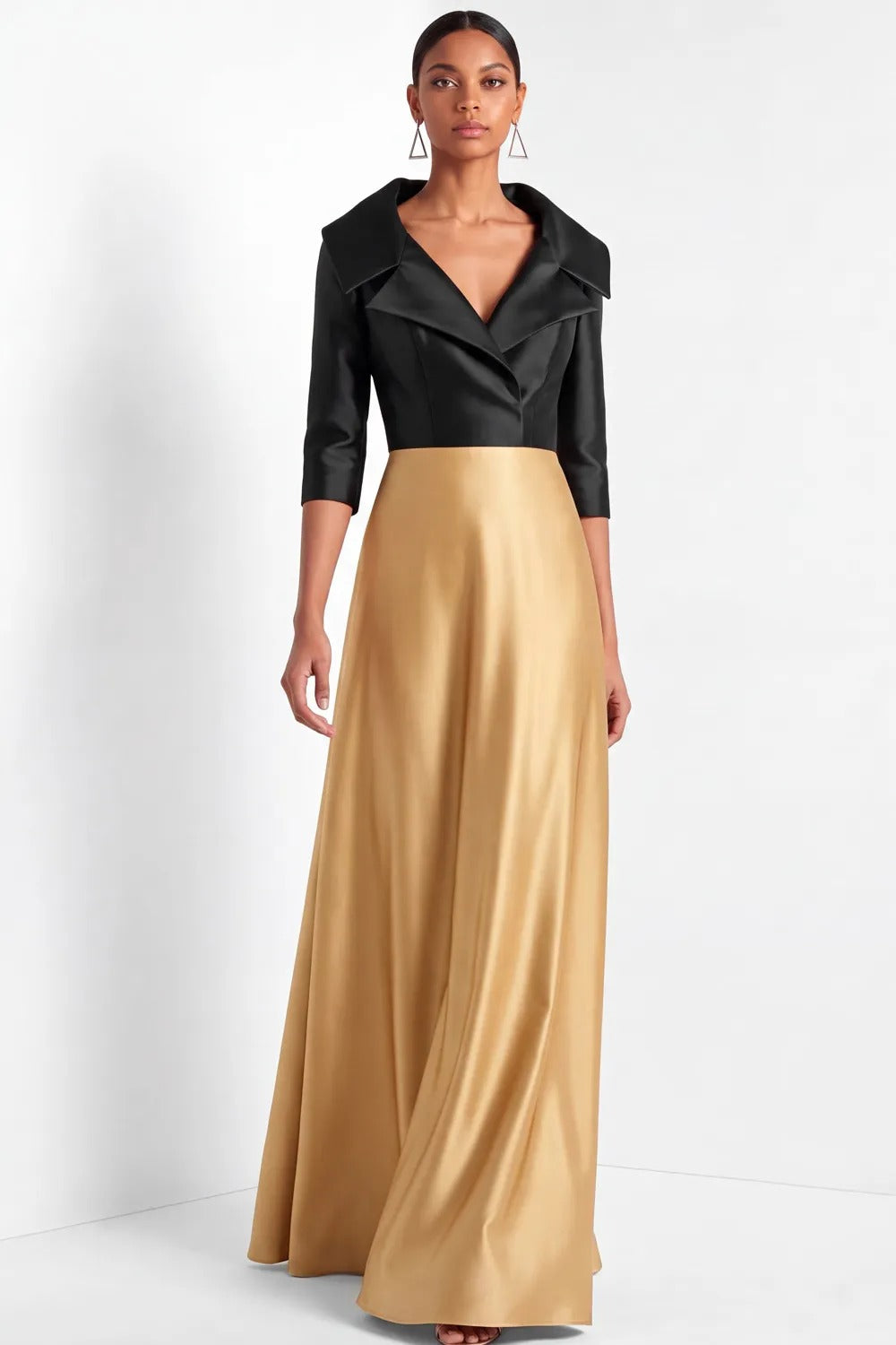 Collared A-Line Gown with 3/4 Sleeves