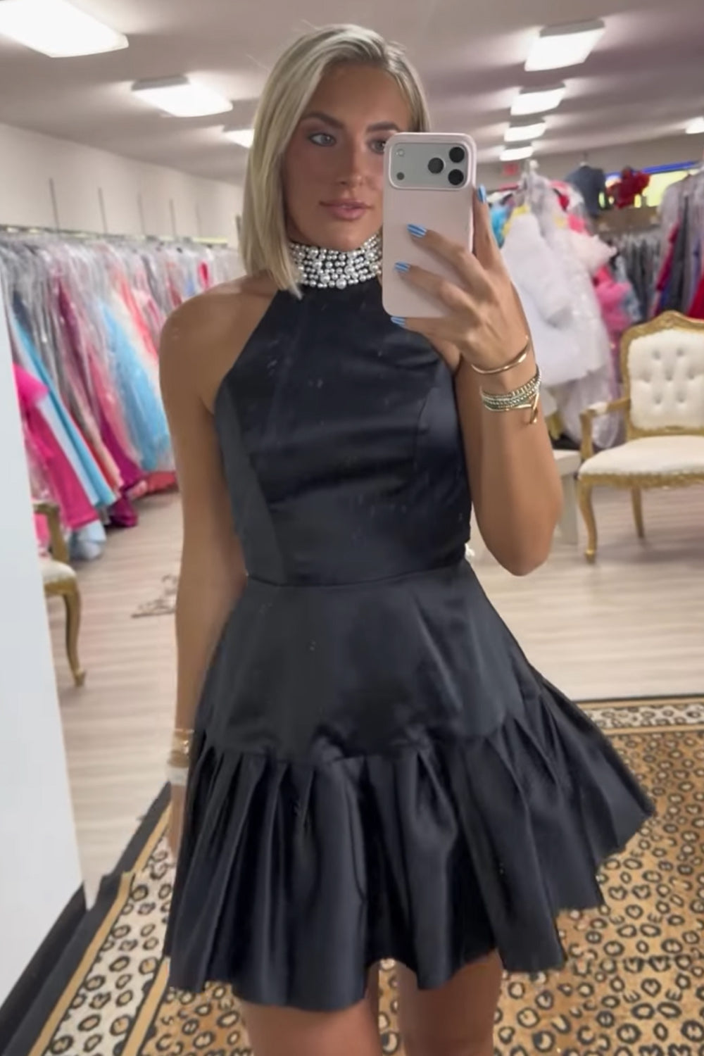 Pearl Choker Halter Fit-and-Flare Mini Dress