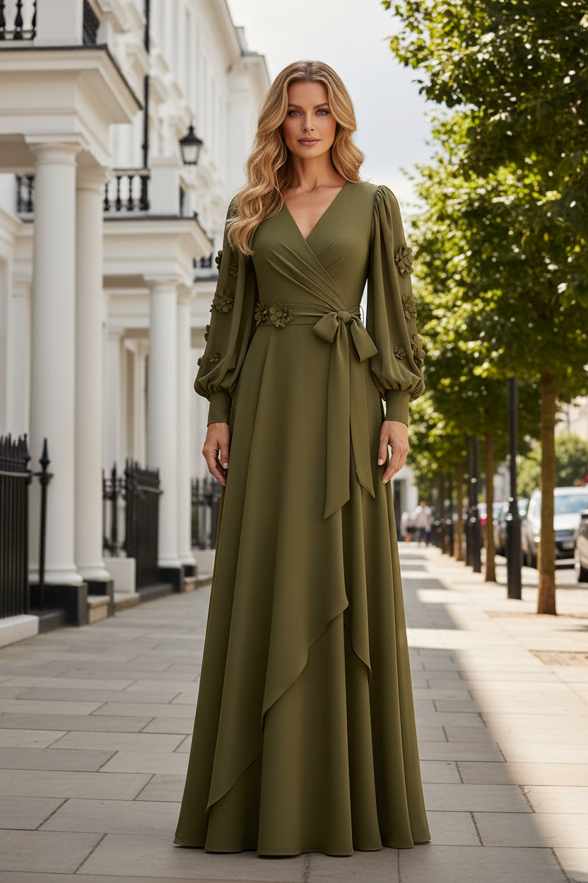 A-Line Gown with Bishop Sleeves and 3D Flowers
