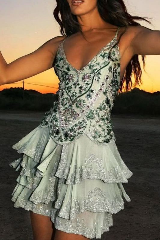 Beaded Tiered Ruffled Mini Dress with Open Back