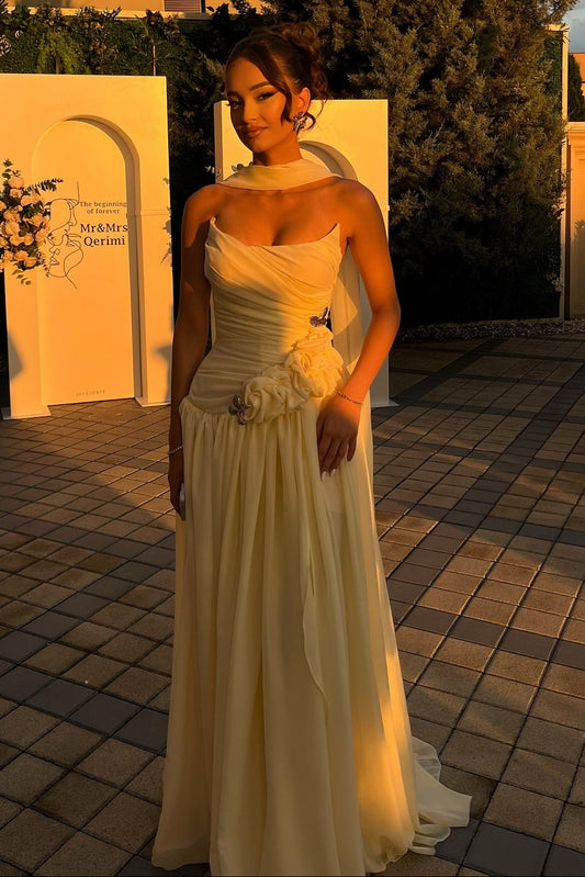 Strapless Ruched Chiffon Evening Gown with Shawl