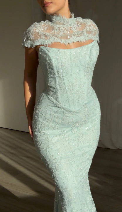 Lace Sequin Mermaid Gown with Corset & Mock Cape