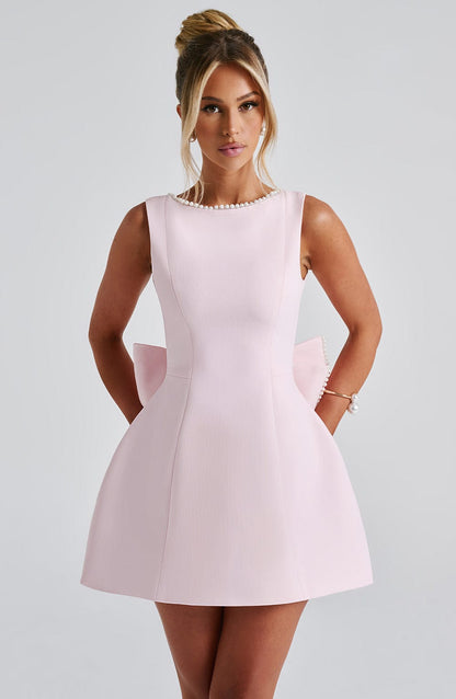 Pearl Trim Open Back Mini Dress with Statement Bow