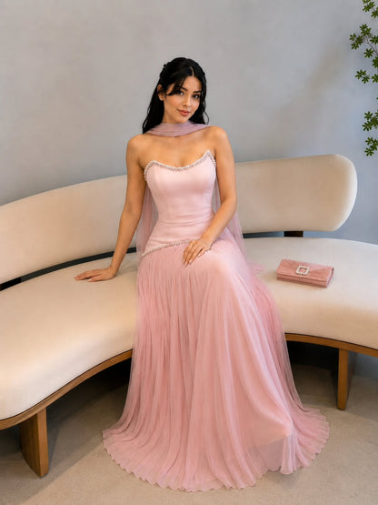 Pearl-Trimmed Strapless Pleated Evening Gown