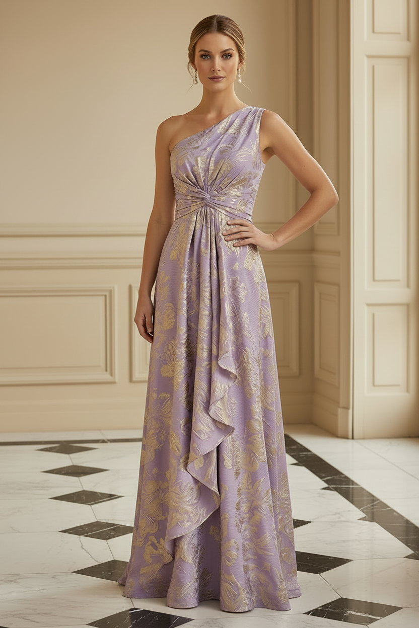One-Shoulder Metallic Jacquard A-Line Evening Gown