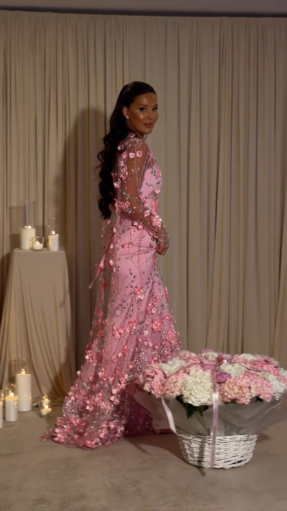 3D Floral Applique Mermaid Gown with Cape Sleeves