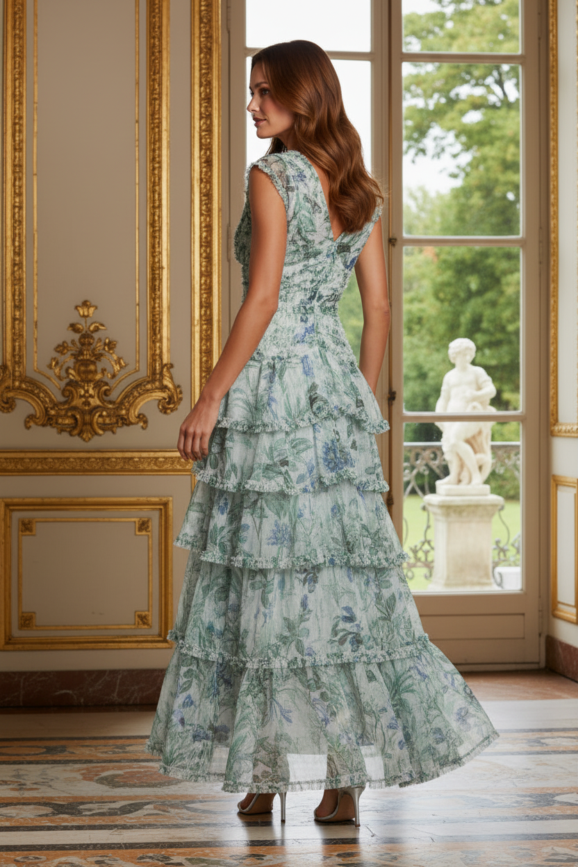 Tiered Ruffle Floral Print Maxi Dress with V-Neck