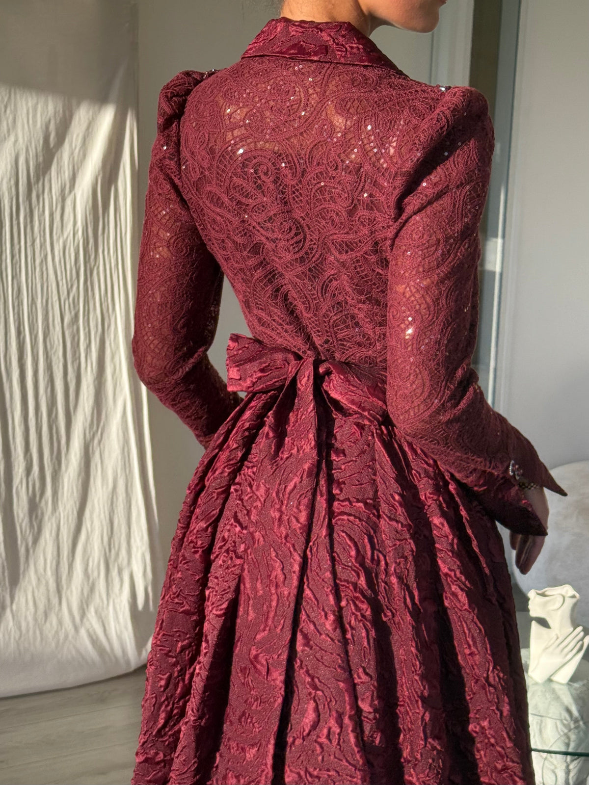 Collared Lace & Jacquard A-Line Evening Gown