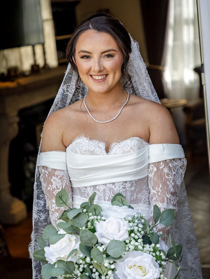 Off-the-Shoulder Lace Sleeve Wedding Dress with Slit