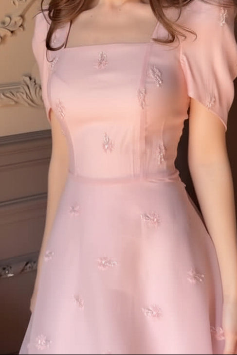 Puff Sleeve Square Neckline Midi Dress with Lace-Up Back