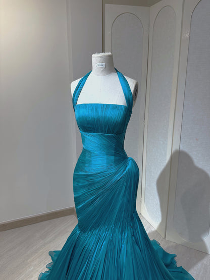Pleated Mermaid Evening Gown with Halter Capelet