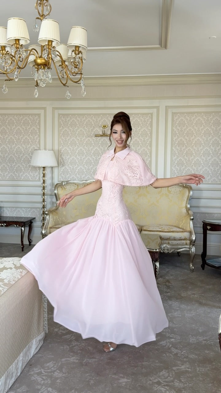 Lace Drop-Waist Gown with Collared Capelet