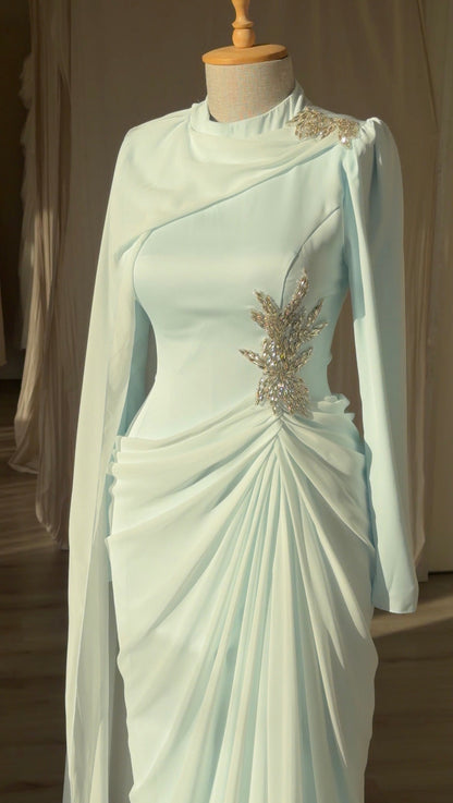 Draped Cape Gown with Crystal Embellishment