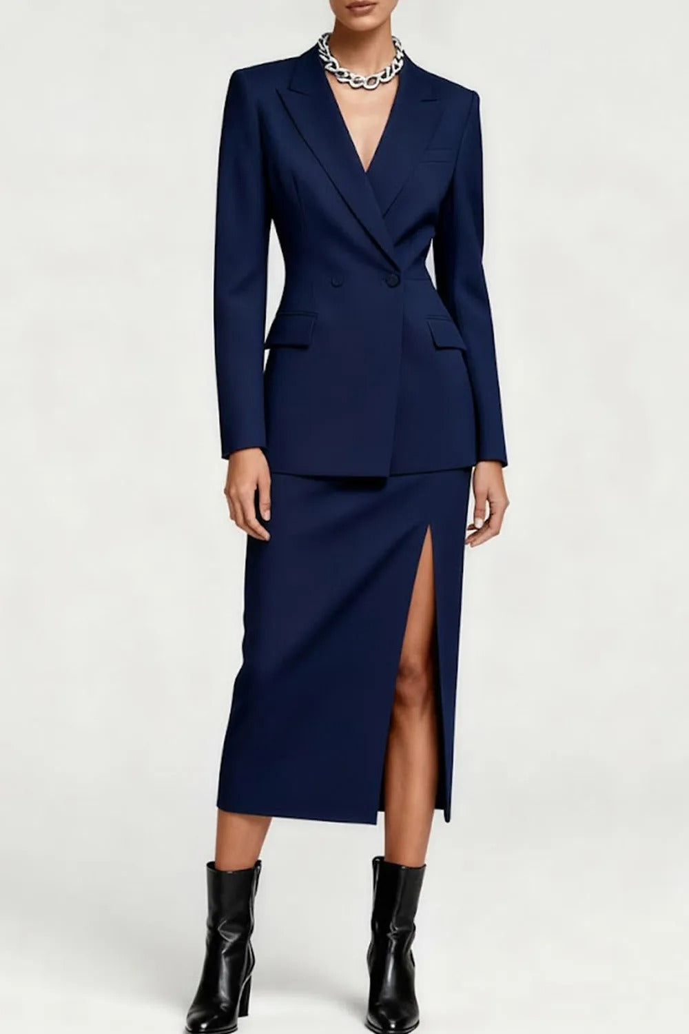 Double-Breasted Blazer & Slit Midi Skirt Set