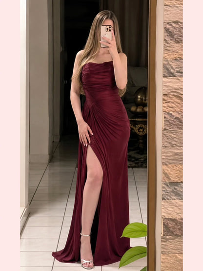 Strapless Ruched Maxi Dress with High Slit