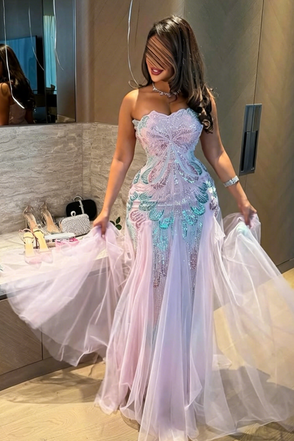 Strapless Sequined Mermaid Evening Gown with Tulle Skirt