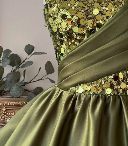 One-Shoulder Sequin and Satin A-Line Homecoming Dress