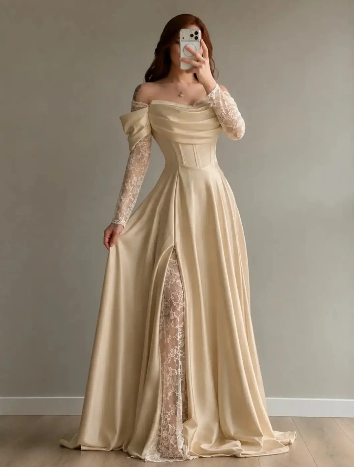 Off-Shoulder Corset Gown with Lace Underlay Slit