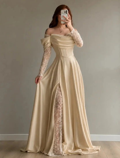 Off-Shoulder Corset Gown with Lace Underlay Slit