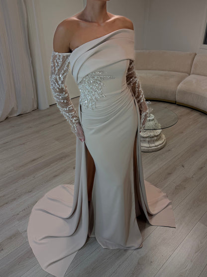 Off-the-Shoulder Ruched Gown with Embellished Sleeves