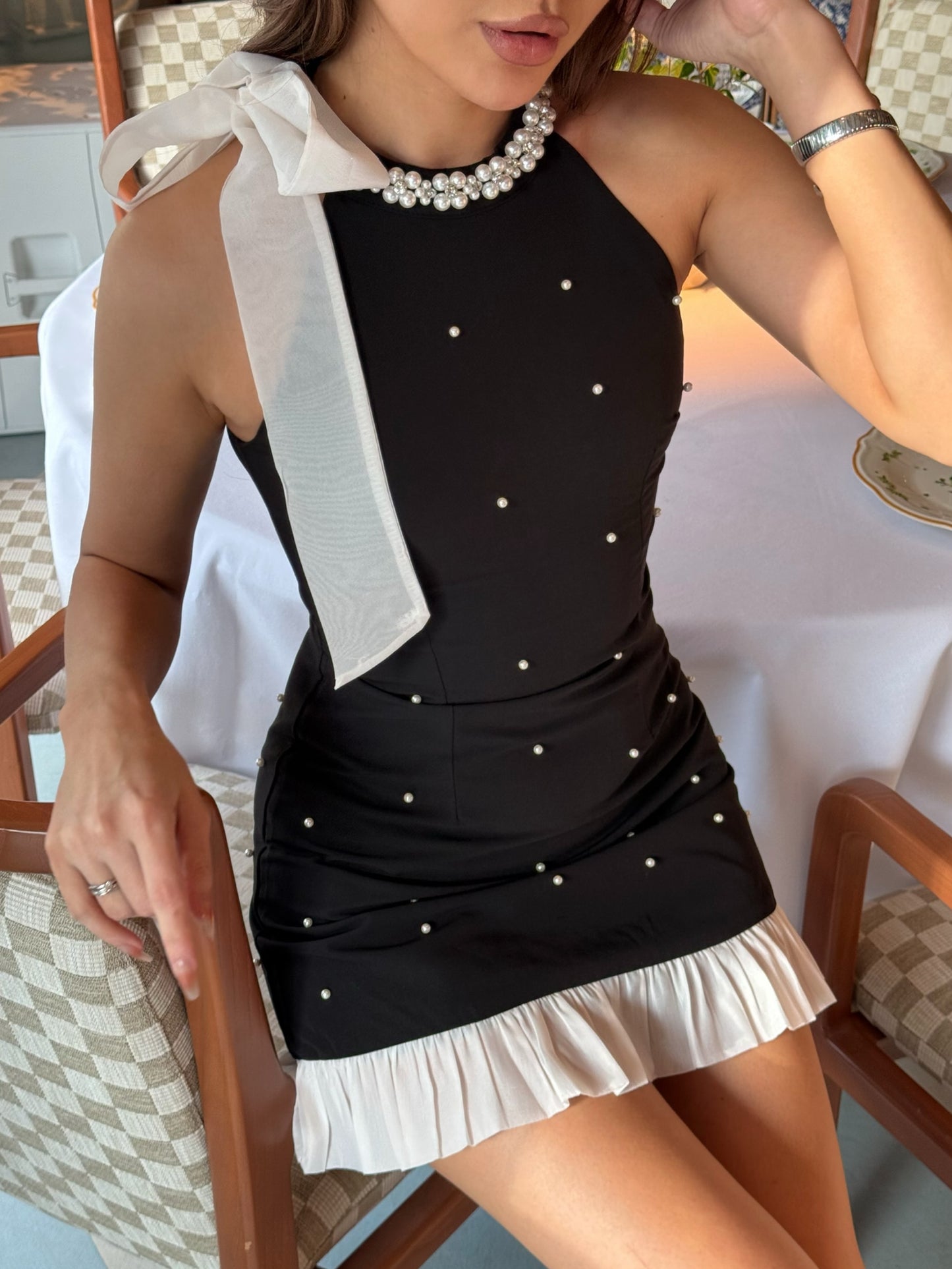 Halter Mini Dress with Bow and Pearl Embellishments