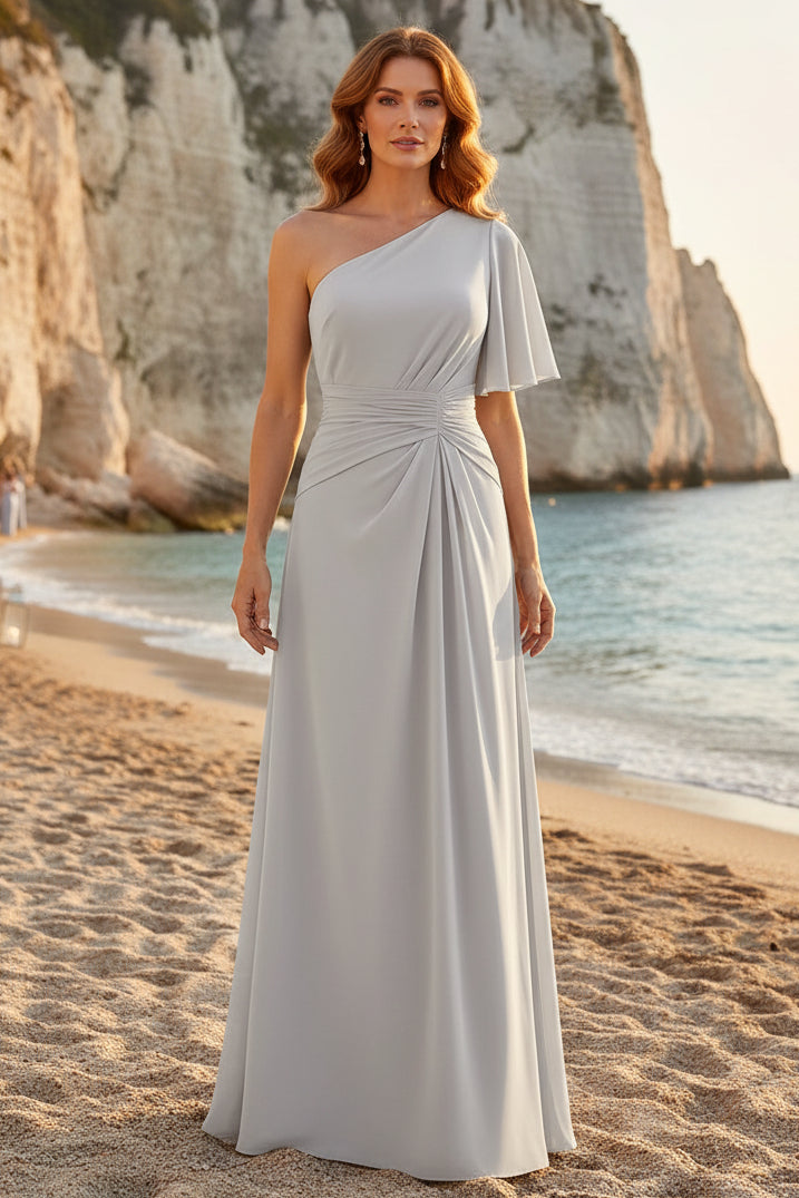 One-Shoulder Flutter Sleeve Gown with Ruched Waist