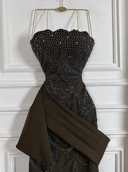 Beaded Mermaid Evening Gown with Satin Drape
