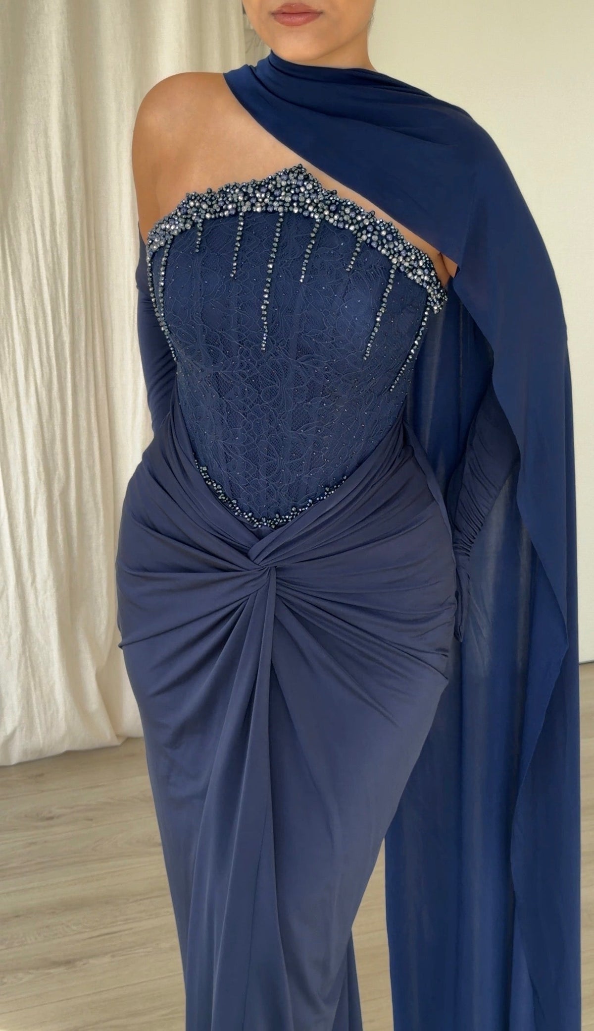 Beaded Corset Evening Gown with Scarf Drape