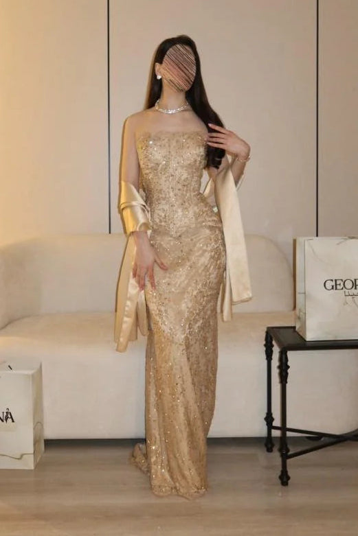 Strapless Beaded Corset Evening Gown with Shawl