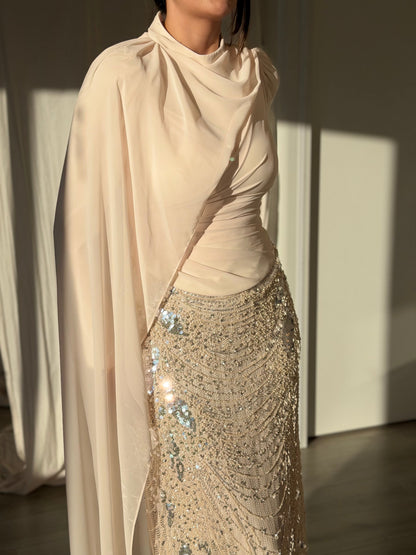 Draped High Neck Gown with Sequin Column Skirt