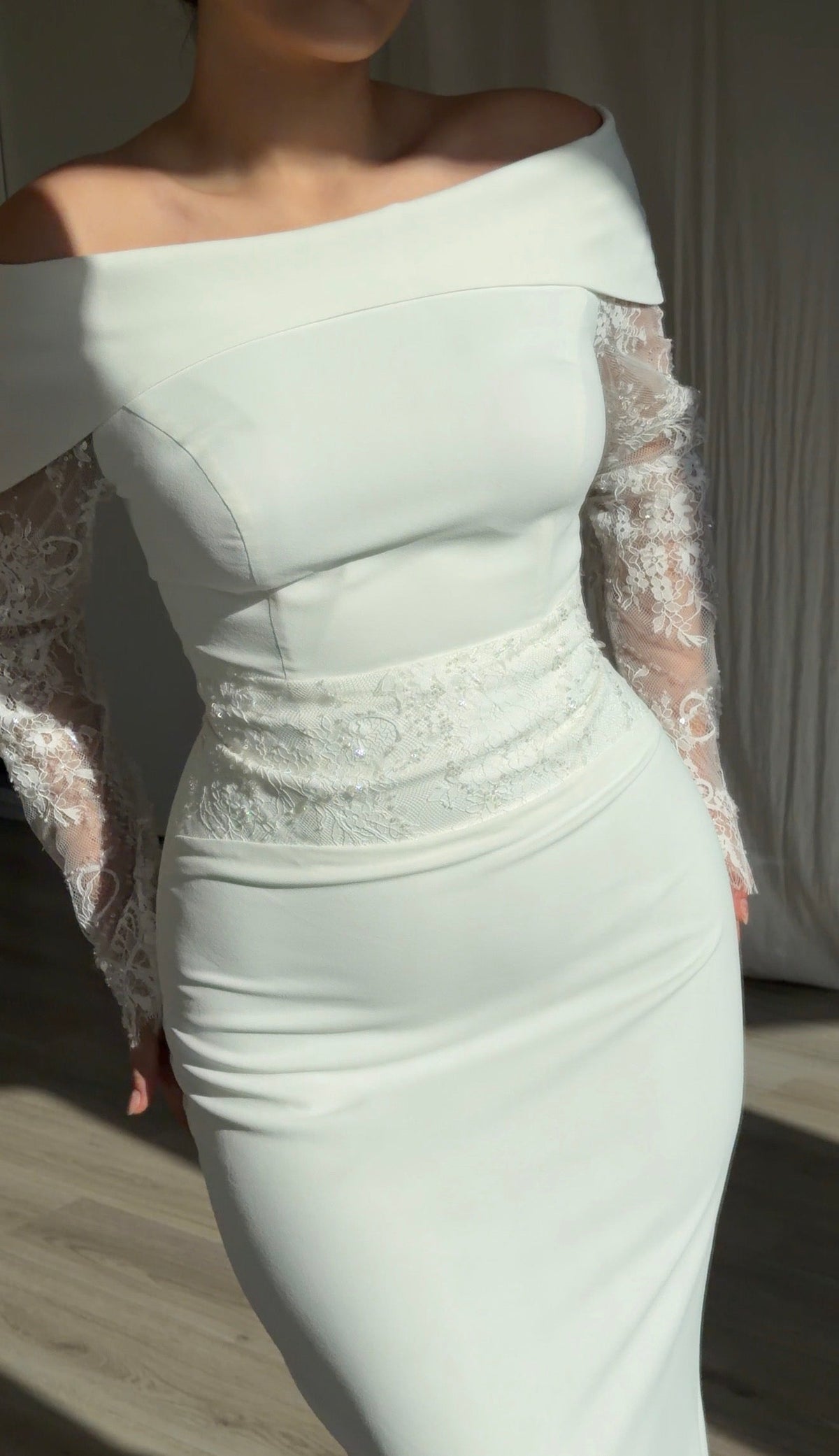 Off-Shoulder Mermaid Gown with Lace Sleeves