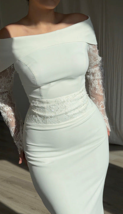 Off-Shoulder Mermaid Gown with Lace Sleeves