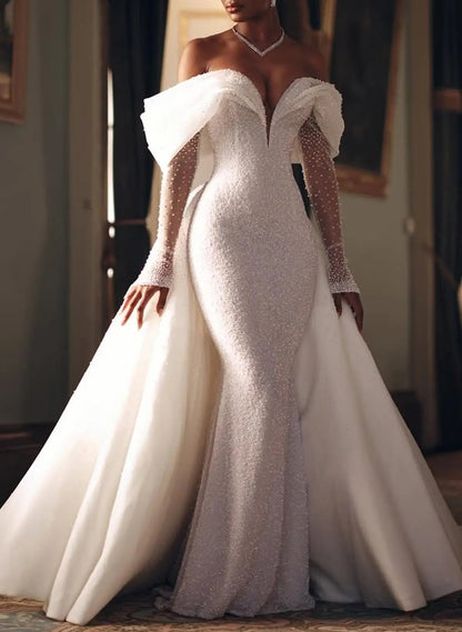 Off-the-Shoulder Mermaid Wedding Dress with Train