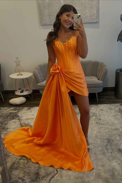 Corset Satin Asymmetrical Mini Dress with Train