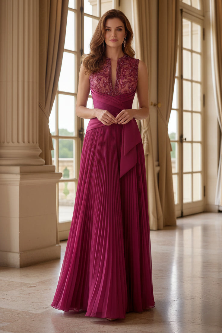 Beaded Illusion Bodice Pleated A-Line Evening Gown
