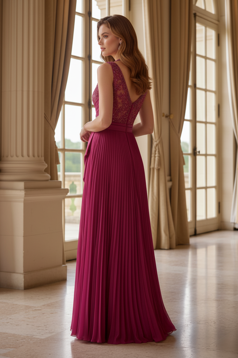 Beaded Illusion Bodice Pleated A-Line Evening Gown