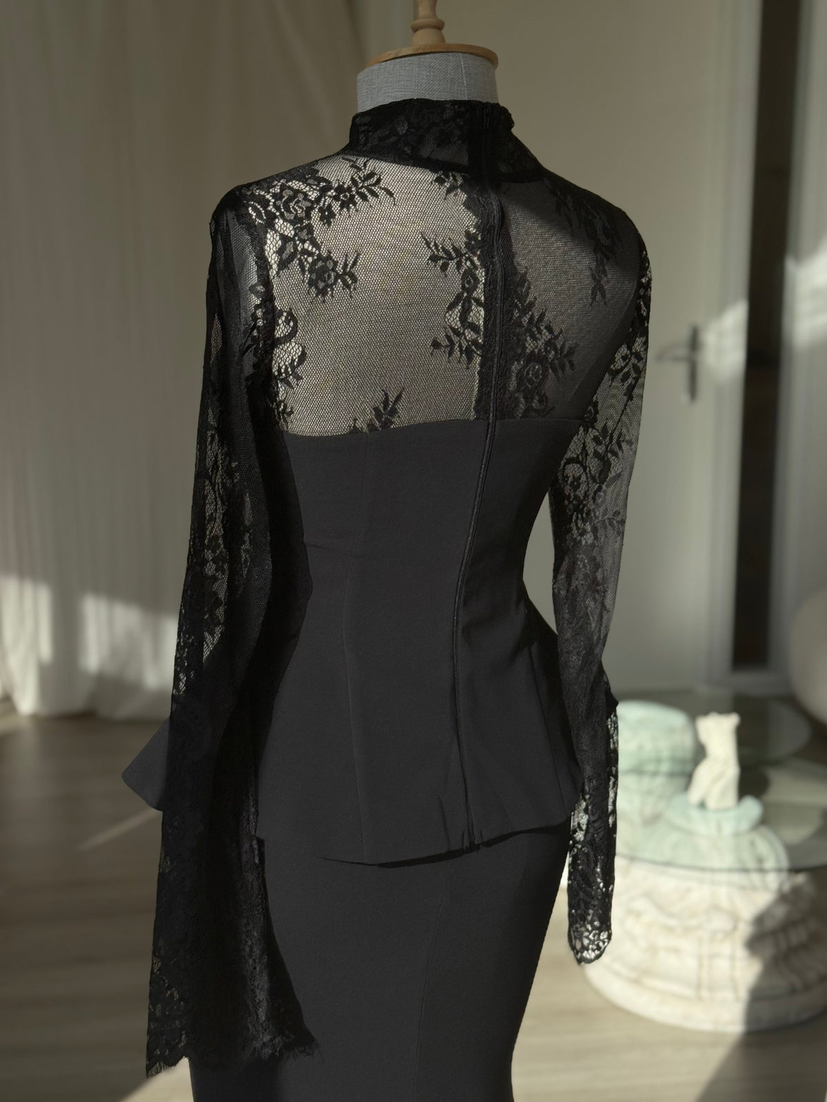 Lace Illusion High Neck Peplum Mermaid Gown