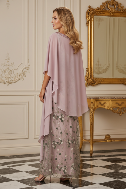 Floral Embroidered Sheath Dress with Chiffon Shawl