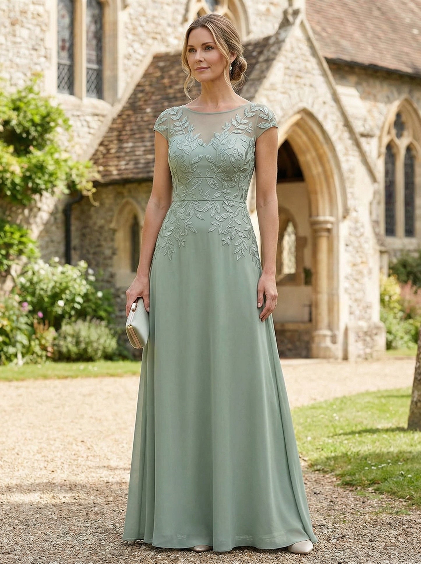 A-Line Illusion Embroidered Chiffon Evening Dress