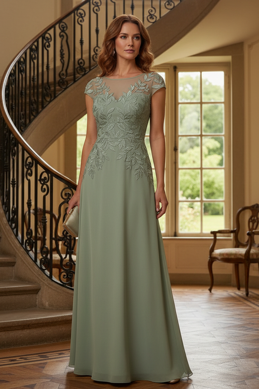 A-Line Illusion Embroidered Chiffon Evening Dress