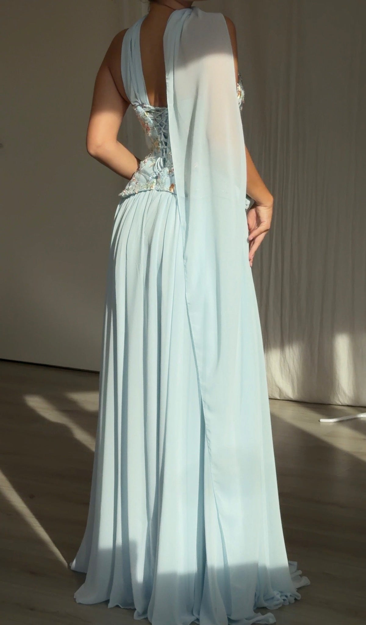 Floral Sequin Corset Evening Gown with Scarf