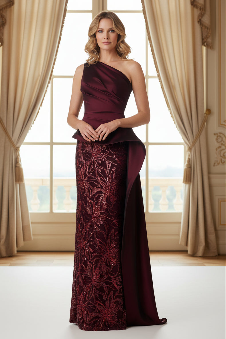 One-Shoulder Sequin Column Gown with Satin Drape