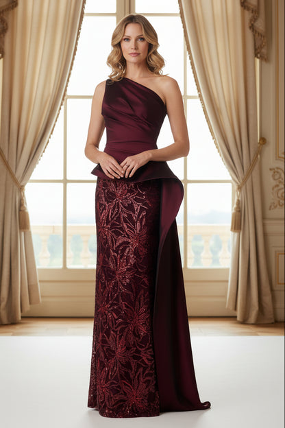 One-Shoulder Sequin Column Gown with Satin Drape