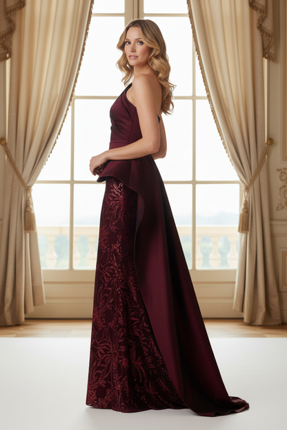 One-Shoulder Sequin Column Gown with Satin Drape