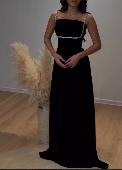 Rhinestone Trim Straight Neck Maxi Dress