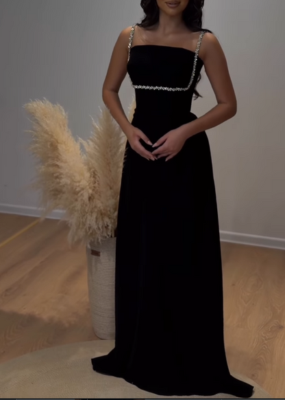 Rhinestone Trim Straight Neck Maxi Dress