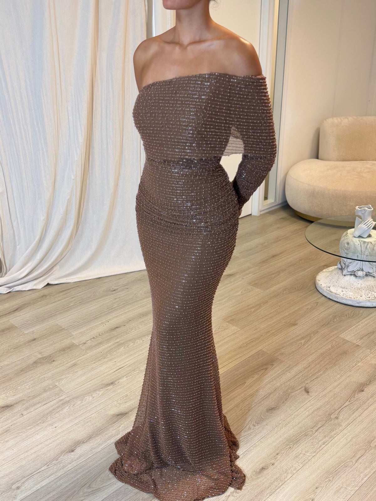 One-Shoulder Beaded Mermaid Evening Gown
