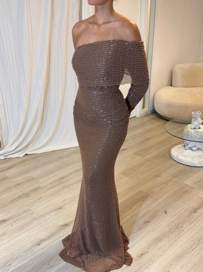 One-Shoulder Beaded Mermaid Evening Gown
